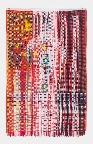 Multicolored woven wall hanging with fringe
