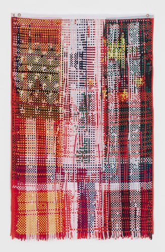 Multicolored woven textile with grid-like pattern