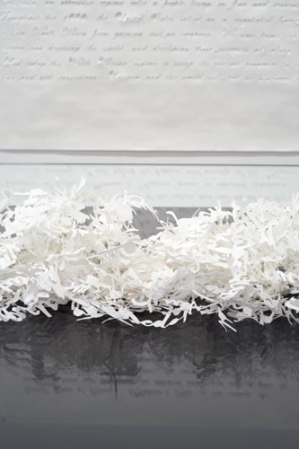 White shredded paper on reflective surface