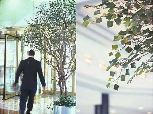 Collage of man walking and artificial plant leaves