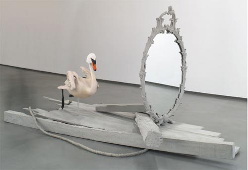 The Naked Swan, 2006
Taxidermy swan, concrete, mirror, rope, silicon, wood, 9.5’ x 4’ x 3.6’.